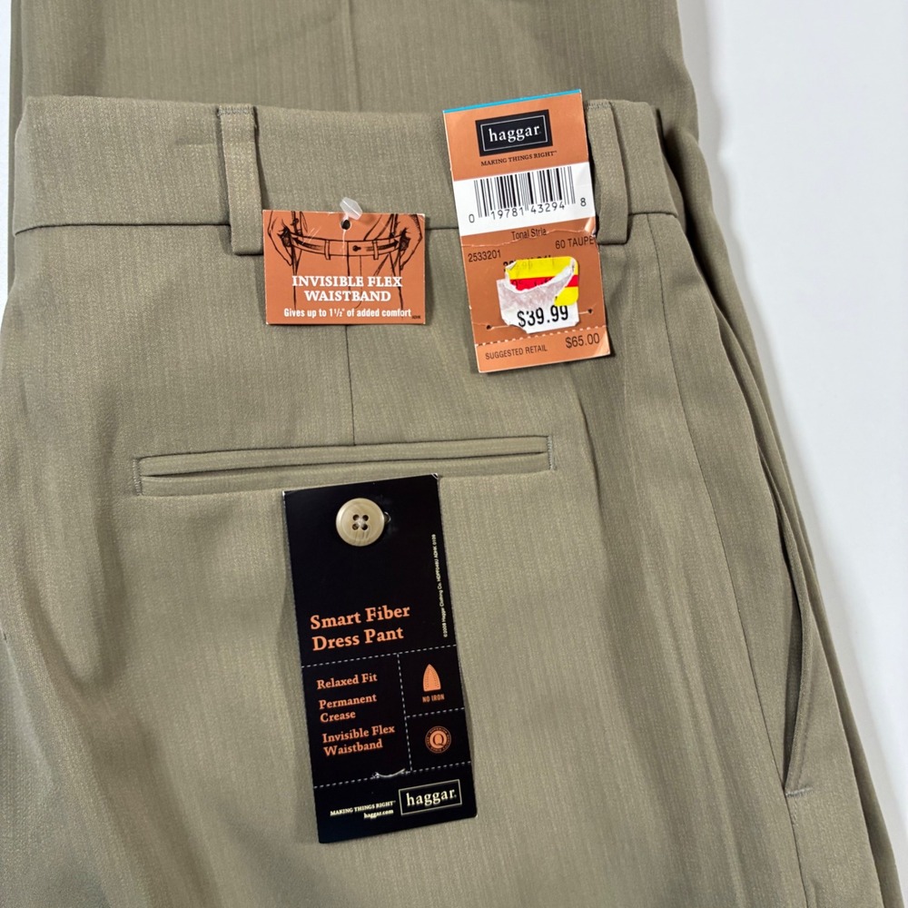 NEW Haggar Dress Pants 36x31 Taupe Pleated Relaxed Fit Smart Fiber Tonal Stria - Picture 4 of 9